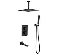 Lusso Nero Termostatico Pioggia Doccia Set con Montaggio a Soffitto Bagno Moderno Soffione a Pioggia per Esperienza Spa Controllo della Temperatura Dell'acqua