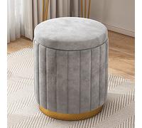 Lusso rotondo Velvet Storage Ottomano Soft Upholstered Foot Rest Stool with Gold Base Large Capacity Vanity Chair for Living Room & Bedroom Grey 34x34x45cm (13x13x18inch)