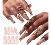 Lusso Stampa Su Unghie Bianco E Oro A Righe Set Arte French Applizes Long Square Tool Set Per Falso Lunghezza Consegnato