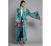 Lusso Velluto Uccello Stampato Vestaglia Ofmd Lungo Kimono Depressione Giacca