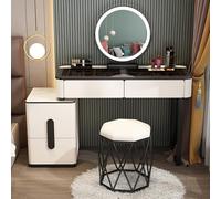 Lussuosa scrivania da toeletta con specchio e luci a LED, in finta pelle, con cassetti e sgabello, per camera da letto, trucco e studio, elegante arredamento per la casa