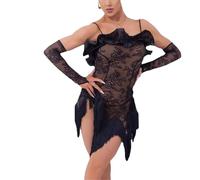 Lussuoso abito da ballo latino in pizzo senza schienale - Costume da Samba e Rumba, 2 pezzi e guanti, L
