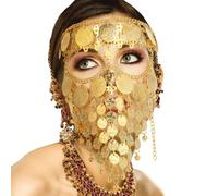 Lussuoso ed elegante gioiello dorato velo maschera con catena per il viso, per danza, carnevale, festa di Halloween, accessorio cosplay, velo per la danza del ventre, misura regolabile, color oro,
