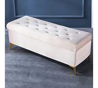 Lussuoso poggiapiedi in velluto con accenti di bottoni in cristallo, moderno ottomano decorativo in pelliccia sintetica per soggiorno e ingresso, colore: bianco crema 90x