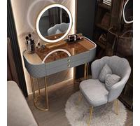 Lussuoso set da trucco con piano in vetro e cassetti, specchio intelligente a LED e sedia da trucco, elegante tavolo da toeletta per camera da letto di famiglia, grigio, 80 cm