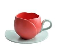 Lussuoso set di tazze da caffè e piattini in ceramica con mani e piatto, per tè al latte, stoviglie per compleanni e coppie (rosso, 280 ml)
