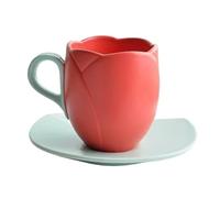 Lussuoso set di tazze da caffè e piattini in ceramica con mani e piatto, per tè al latte, stoviglie per compleanni e coppie (rosso, 320 ml)