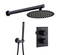 Lussuoso sistema doccia a parete, set di valvole termostatiche nere con soffione rotondo a pioggia da 20-30,5 cm e doccia portatile, esperienza moderna per bagno e spa