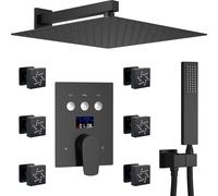 Lussuoso sistema doccia nero opaco - Soffione doccia a pioggia da 30,5 cm e palmare combinato da parete con display della temperatura, set completo di rubinetto con valvola e doppi getti del corpo.