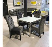 Lussuoso tavolo da pranzo Louis cromato con piano in vetro bianco, elegante set da pranzo con pietra sinterizzata in marmo o piano in vetro (1 m)