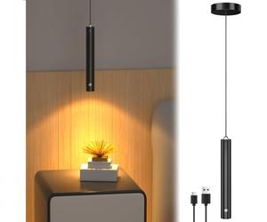 Lustaled Lampada a Sospensione LED Ricaricabile 3000mAh, Touch Dimmerabile con Memoria, Spot 24° Bianco Caldo 3000K, Lampadario Cucina Moderno Nero per Comodino, Camera da Letto, Soggiorno, Ø4x30cm