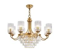 Lustre élégant en Cristal Doré pour Salon, Salle à Manger et îlot de Cuisine - Suspension en laiton brossé à intensité Variable (8 lumières)