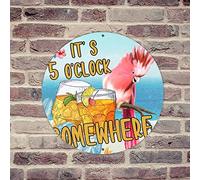 lutieger It's Five O'clock Somewhere Fashion Chic Metal Home Decor for Yard Front Door Terrace 30,5 x 30,5 cm Round Tropical Flamingo Hawaiian Decorative Metal Sign for Business Tin Signs