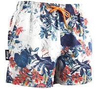 Luvanni Costume da bagno da uomo, ad asciugatura rapida, 29, con coulisse, costume da bagno da uomo, con motivo foglie, fiori tropicali, bianco/blu, L