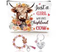Luvart Highland Cow Regali per le donne - Set regalo da 3 pezzi con mucca delle Highland, graziosa borsa per il trucco con cerniera, portachiavi, braccialetto, amanti del bestiame, compleanno, Natale
