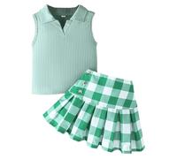 LUVCES 2 Pezzi Bambina Vestiti Set Moda Eleganti Canottiere a Coste e Mini Gonna a Pieghe a Quadri per Ragazze Abbigliamento Estivo Set Verde 3-4 Anni