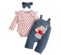 LUVCES Abbigliamento per Neonata Set Body con Stampa Carina a Cuori/Pois+ Regolabile Orso/Elefante Salopette Pantaloni Autunno Inverno Tuta Vestiti Set 3Pcs Elefante a pois rossi 12-18 Mesi