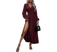 LUVCES Abito Elegante Donna Scollo a V Plissettato Vita Alta Abito Lungo con 2 Side Spaccato Causal Manica Lanterna Vestiti Autunno Iinverno Abiti Rosso Viola M
