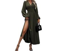 LUVCES Abito Elegante Donna Scollo a V Plissettato Vita Alta Abito Lungo con 2 Side Spaccato Causal Manica Lanterna Vestiti Autunno Iinverno Abiti Verde Militare M