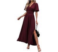 LUVCES Abito Estivo da Donna Elegante Scollo a V Plissettato Vita Alta Abito Lungo con 2 Side Spaccato Causal Manica a Farfalla Vestiti Estate Abiti Bordeaux XXL