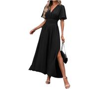 LUVCES Abito Estivo da Donna Elegante Scollo a V Plissettato Vita Alta Abito Lungo con 2 Side Spaccato Causal Manica a Farfalla Vestiti Estate Abiti Nero L
