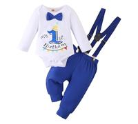 LUVCES Bambino Maschio 1 Anno Compleanno Vestiti Set Gentleman Wild One Stampato Tutina Bowtie top + Bretelle Pantaloncini 2 Pezzi Estivi Autunno Vestito Outfit Maniche lunghe rossa 12-18 Mesi