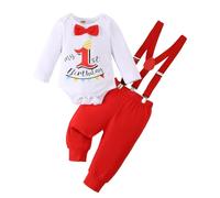 LUVCES Bambino Maschio 1 Anno Compleanno Vestiti Set Gentleman Wild One Stampato Tutina Bowtie top + Bretelle Pantaloncini 2 Pezzi Estivi Autunno Vestito Outfit Maniche lunghe blu 12-18 Mesi