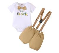 LUVCES Bambino Maschio 1 Anno Compleanno Vestiti Set Gentleman Wild One Stampato Tutina Bowtie top + Bretelle Pantaloncini 2 Pezzi Estivi Vestito Outfit Wild One Caqui 12-18 Mesi