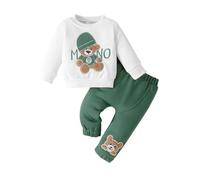 LUVCES Bambino Ragazzi Set di Vestiti Manica Lunga con Lettere Stampate Carino Orso Ricamato Felpa + Pantaloni 2Pcs Completo Abiti Primaverili Autunnali Orso verde con lettere 18-24 Mesi