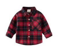 LUVCES Camicia Quadri Manica Lunga per Ragazzino Camicie Button Down per Bambini Vestiti Autunno Primavera a Quadri Rossa Natalizia per Bambini Plaid Rosso 5-6 Anni