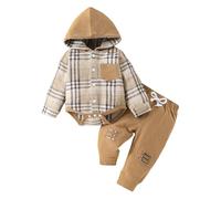 LUVCES Completo Autunnale Vestiti Set di Pantaloni Bambino Flanella Scozzese Manica Lunga Felpa con Cappuccio Top + Pantaloni Primavera Abbigliamento Marrone a scacchi 0-3 Mesi