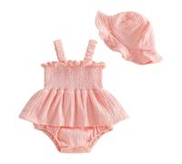 LUVCES Completo Vestito e Cappello per Neonati Casual Grazioso Abito Estivo Senza Maniche con Stampa a Cuori/Fiori in Cotone e Lino Primaverile Estivo Abbigliamento Rosa 12-18 Mesi