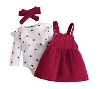 LUVCES Neonata Bambina Gonne Set Autunno Manica Lunga con Cuore Top + Velluto a Coste con Bretelle Abito+ Fascia per Capelli Abiti 3Pcs San Valentino Completo Cuore rosso dell'amore 3-6 Mesi