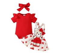 LUVCES Neonate Cuore Rosso Gonne Set Volant Manica Corta Pagliaccetto Top + Salopette Abito con bretelle Abiti per San Valentino Abiti 3pcs stampa d'amore 2 12-18 Mesi