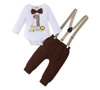 LUVCES Vestiti 1st Compleanno per Neonati Maschi Gentleman Manica Lunga/Corta Pagliaccetto con Papillon + Pantaloncini con Bretelle 2 Pezzi Set di Abiti Maniche lunghe marrone scuro 9-12 Mesi