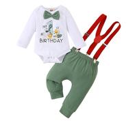 LUVCES Vestiti 1st Compleanno per Neonati Maschi Gentleman Manica Lunga/Corta Pagliaccetto con Papillon + Pantaloncini con Bretelle 2 Pezzi Set di Abiti Maniche lunghe verde chiaro 12-18 Mesi
