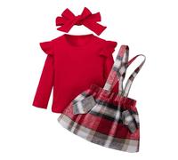 LUVCES Vestiti Bambina Autunnali 3 Pezzi Set Manica Lunga con Volant Top + Gonna con Bretelle a Quadri +Fascia per Capelli Abbigliamento Natale per Bambine 3Pcs Rosso 6-12 Mesi