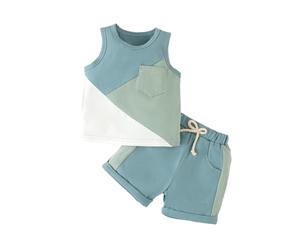 LUVCES Vestiti Estivi per Bambini Piccoli Completini Blocchi di Colore Senza Maniche Canottiere e Pantaloncini con Tasche 2 Pezzi Estate Abbigliamento Set 2Pcs blocco di colore verde blu 2-3 Anni