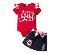 LUVCES Vestiti per Neonata Maniche Corte con Volant Lettere Stampa Tutina+ Denim Jeans Strappata Gonna Set per Neonati Vestiti Estivi Rosso Daddy's Girl 6-12 Mesi