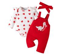 LUVCES Vestiti Set di Pantaloni a Bretelle per Bambina Neonata Tutina Top con Volant Stampa a Cuori + Carina Elefante Salopette + Fascia Autunno Inverno Abiti Set Dinosauro dal cuore rosso 3-6 Mesi