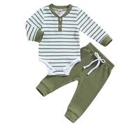 LUVCES Vestiti Set per Neonati Maschi Manica Lunga a Righe Pagliaccetto+ Pantaloni a Coste 2Pezzi Autunnali e Invernali Set di Abiti 2Pcs Strisce verde militare 3-6 Mesi