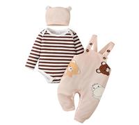 LUVCES Vestiti Set per Neonati Maschi Tutina a Righe a Maniche Lunghe + Pantaloni con Bretelle di Animale + Cappello 3 Pezzi Set di Abiti Autunnali e Invernali 3Pcs Orso bruno striato 0-3 Mesi