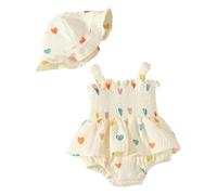 LUVCES Vestitini Estivi per Neonata Bambina Floreale Boho Abito in Cotone e Lino con Arricciature Prendisole con Cappellino Abbigliamento Estivo per Neonati Stampa a Cuori Giallo Chiaro 9-12 Mesi