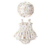 LUVCES Vestitini Estivi per Neonata Bambina Floreale Boho Abito in Cotone e Lino con Arricciature Prendisole con Cappellino Abbigliamento Estivo per Neonati