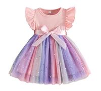LUVCES Vestito da Bambina Ragazza Casual Volant Manica Lunga/Corta Stampa Floreale Tutu Abito Principessa Abiti per Bambini Festa di Compleanno Senza Maniche Paillettes Rosa 3-4 Anni