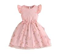 LUVCES Vestito da Bambina Ragazza Casual Volant Manica Lunga/Corta Stampa Floreale Tutu Abito Principessa Abiti per Bambini Festa di Compleanno Fiori Rosa 4-5 Anni