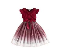 LUVCES Vestito da Bambina Ragazza Casual Volant Manica Lunga/Corta Stampa Floreale Tutu Abito Principessa Abiti per Bambini Festa di Compleanno Bordeaux 5-6 Anni