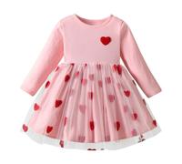 LUVCES Vestito da Bambina Ragazza Casual Volant Manica Lunga Impresión de corazón Tutu Abito Principessa Abiti per Bambini Festa di Compleanno San Valentín Stampa d'Amore Rosa