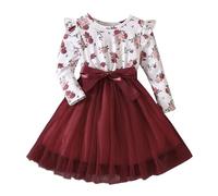 LUVCES Vestito da Ragazza Casual Volant Manica Lunga Tutu Abito Stampa Floreale Principessa Abiti in Tulle per Bambini Festa di Compleanno Fiori Rosso Vino 3-4 Anni