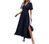 LUVCES Vestito Donna Elegante da Sera Scollo a V Tinta Unita a Pieghe Abito Lungo Casual Manica a Farfalla Spacchi Cerimonia Abiti Maxi Estivo Vestito Blu Navy S